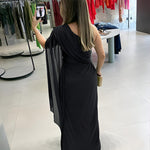 One Shoulder Asymmetrical Mesh Cloak Sleeve Ruched Twist Waist Evening Dress Waist Gathered Slit Party Dress