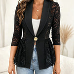 Women's Lace Patchwork Blazer Elegant Shawl Lapel Peplum Coat Single Breasted Three Quarter Sleeve Outwear
