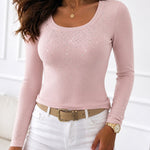 Women's Rhinestone Embellished Ribbed Long Sleeve Layering Top Slim Fit U-Neck Knit Tee Elegant Stretchy Pullover