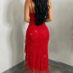Women's Glitter Mesh Cami Dress Cowl Neck Slit Mermaid Dress Backless Ruffle Hem Party Dress with Built-In Bra