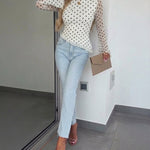 Women's Polka Dot Mesh Top Flare Long Sleeve Boat Neck Lined Asymmetric Frill Hem Blouse Vintage Party Shirt