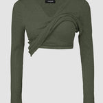 Chicme Built In Bra Notch Neck Long Sleeve Shirts Rib Knit Ruched Waist Top