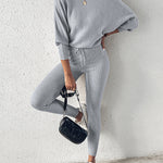 2 Pieces Outfit Skew Neck Long Sleeve Loose Pullover Top and Drawstring High Waist Slim Fit Pants Set