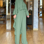 2 Pieces Outfit High Neck Hollow-out Back Ruffles High-Low Hem Cape and Casual Elastic Back Waist Wide Leg Pants Set