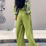 2 Pieces Outfit Abstract Print Cowl Neck Lantern Sleeve Stretchy Hem Crop Top and Casual Zipper Side Ruched Wide Leg Pants Set
