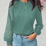 Contrast Lace Round Neck Lantern Sleeve Ruched Blouse Elegant Shirt