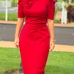 3D Flower Decor Round Neck Puff Sleeve Bodycon Dress Casual Ruched Slit Zipper Back Work Dress
