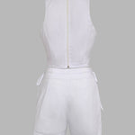 2 Pieces Outfit Button Decor Sleeveless Hollow-out Front Zipper Back Crop Top and Casual Elastic Back Waist Tie Side Shorts Set