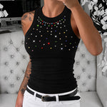 Women's Ribbed Racerback Tank Top Colorful Rhinestone Embellished Crewneck Slim Fit Rib Knit Camisole
