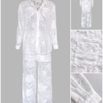 2 Pieces Outfit Jacquard Floral Turn-down Collar Button Front Pockets Design Top and Casual Elastic Back Waist Pants Set With Lining