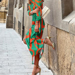 Abstract Print Turn-down Collar Tied Detail Ruched Dress Casual Wrap Front Vacation Dress