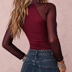 Women's Rhinestone Mesh Long Sleeve Top Mock Neck Sparkle Slim Fit Tee