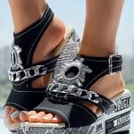 Newspaper Rhinestone Gear Pattern Slingback Platform Wedge Sandals