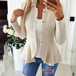 Women's Argyle Cable Knit Jacket Elegant Lapel Collar Gold Button Down Cardigan Ruffle Hem Long Sleeve Coat
