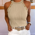 Women's Halter Neck Tank Top Vintage Gold Button Wave Textured Sleeveless Slim Fit Top