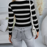 Women's Striped Ribbed Knit Top Slim Fit Long Sleeve Henley Shirt Gold Button Pullover