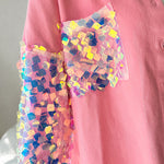 Contrast Sequin Long Sleeve Jacket Top Button Front Raw Hem Loose Fit Shacket