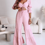 Sweetheart Neck Puff Sleeve Drawstring Front Shirred Overalls Casual Cutout Front Ruffle Hem Wide Leg Jumpsuit
