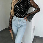 Women's Polka Dot Mesh Top Flare Long Sleeve Boat Neck Lined Asymmetric Frill Hem Blouse Vintage Party Shirt