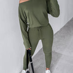 2 Pieces Outfit Long Sleeve Skew Neck Pullover Top and Drawstring Elastic Waist Slim Fit Pants Set
