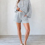 Women's Striped Two Piece Outfit Henley Lantern Sleeve Top and Drawstring Shorts Casual Lounge Set