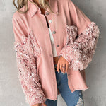 Sequin Decor Turn-down Collar Button Front Pockets Design Denim Coat Casual Fuzzy Spliced Raw Trim Shacket