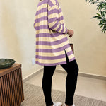 Women's Striped T Shirt Long Sleeve Drop Shoulder Crewneck Tee Side Slit Casual Loose Fit Top