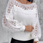 Crewneck Guipure Lace Long Sleeve Hollow Out Knit Sweaters Pullover Tops
