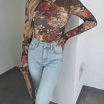 Women's Vintage Floral Print Sheer Mesh Top Long Sleeve Slim Fit Crewneck Layering Top with Thumb Hole Cuffs