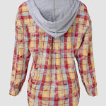 Colorblock Plaid Print Hooded Distressed Button Front Coat Shacket