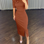 3D Flower Decor Round Neck Puff Sleeve Bodycon Dress Casual Ruched Slit Zipper Back Work Dress