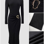 Metal Ring Decor Wrapped Slit Ribbed Commuting Dress Cinched Waist Slim Fit Mid-Length Dress
