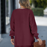 Letter Patch Detail Long Sleeve Drop Shoulder Pullover Sweatshirt Casual Zipper Side Slit Top