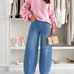 Women's Barrel Jeans High Waisted Side Button Denim Pants Distressed Washed Baggy Trousers Retro Y2K Streetwear