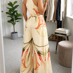 Women's Elegant Ink Floral Print Wide Leg Jumpsuit Casual Sleeveless Vacation Overalls with Belt