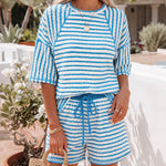 Women's Striped Textured 2 Piece Set Crewneck Raglan Half Sleeve Top and Elastic Drawstring Shorts Casual Loungewear