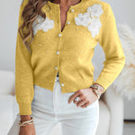 Floral Applique & Pearls Decor Round Neck Single Breasted Knit Cardigan Casual Crop Sweater Coat