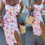Women's Floral Midi Dress Sweetheart Neck Flutter Sleeve Side Slit Sundress Backless Vacation Dress with Built in Bra