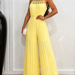 Women's Halter Tie Cutout Pleated Jumpsuit High Waist Shirred Wide Leg Overalls