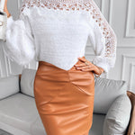 Crewneck Guipure Lace Long Sleeve Hollow Out Knit Sweaters Pullover Tops