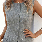 Women's Sparkly Tweed Vest Button Down Sleeveless Slit Hem Top