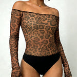 Allover Rhinestone Decor Leopard Print Off Shoulder Long Sleeve Slim Fit Sheer Mesh Bodysuit with Thumb Hole Cuffs