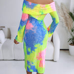 Tie Dye Print Foldover Off Shoulder Long Sleeve Textured Bodycon Dress Casual Ripped Detail High Strech Vacation Dress