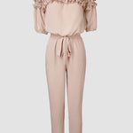 Frill Trim Off Shoulder Short Sleeve Tie Waist Overalls Casual Textured Jumpsuit