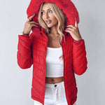 Zipper Pocket Design Shirred Fuzzy Trim Fleece Lined Hooded Puffer Jacket