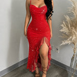 Women's Glitter Mesh Cami Dress Cowl Neck Slit Mermaid Dress Backless Ruffle Hem Party Dress with Built-In Bra