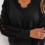 Women's Lace Patchwork V-Neck Top Hollow Out Drop Shoulder Long Sleeve Knit Pullover Elegant Loose Fit Casual Tee