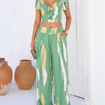 2 Pieces Outfit V Neck Petal Sleeve Tie Front Shirred Back Hem Crop Top and High Waist Elastic Back Waist Wide Leg Pants Set Casual Colorblock Abstract Print Set
