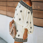 Women's Boho Vintage Print 2-Piece Set Off-Shoulder Lantern Sleeve Top and High-Waisted Shorts Casual Beach Vacation Outfit