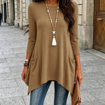 Women's Ribbed Asymmetrical Hem Top Crewneck Three Quarters Sleeve A-Line Casual Top